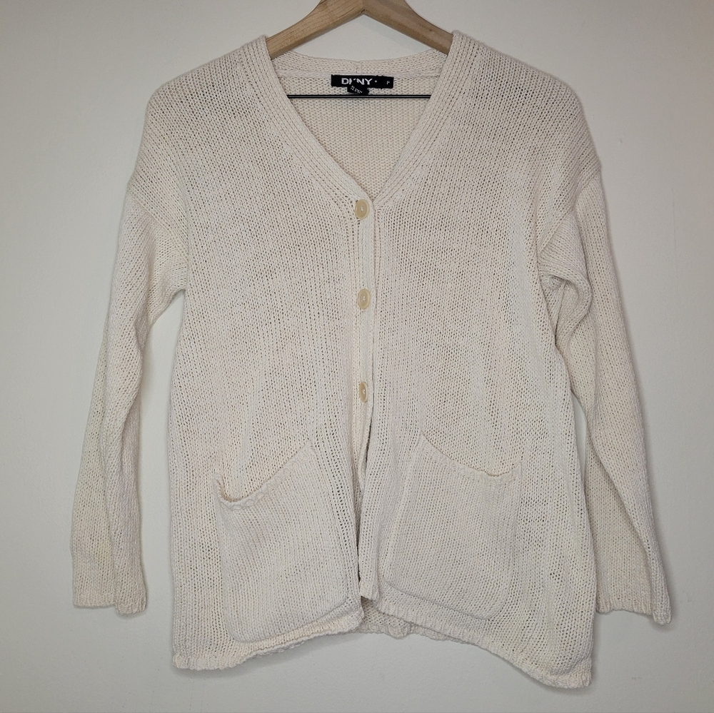 DKNY cotton linen ramie blend cream knit cardigan with drop pockets, sz …